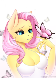 Size: 1600x2200 | Tagged: safe, artist:slimorinkaowo, fluttershy, butterfly, pegasus, anthro, g4, adorasexy, beautiful, breasts, busty fluttershy, cleavage, cute, female, nails, sexy, shyabetes, simple background, solo, white background, wingless, wingless anthro