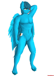 Size: 2480x3508 | Tagged: safe, artist:drawalaverr, oc, oc only, oc:speedflyer, pegasus, anthro, unguligrade anthro, anthro oc, arm behind head, barbie doll anatomy, commission, eyebrows, eyebrows visible through hair, featureless crotch, fluffy, frown, glasses, high res, male, male focus, muscles, muscular male, pegasus oc, piercing, serious, serious face, signature, simple background, solo, transparent background, underhoof, vector, wings