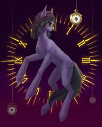 Size: 1728x2160 | Tagged: safe, artist:miurimau, oc, oc only, oc:dusty soil, earth pony, pony, art trade, clock, clock face, clothes, earth pony oc, gold, headscarf, oda 997, pocket watch, purple background, scarf, simple background, solo, watch