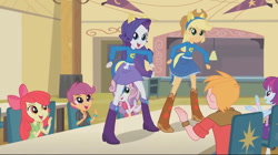 Size: 750x421 | Tagged: safe, screencap, apple bloom, applejack, big macintosh, mystery mint, rarity, scootaloo, sweetie belle, human, equestria girls, g4, my little pony equestria girls, apple siblings, apple sisters, belle sisters, boots, brother and sister, cafeteria, canterlot high, clothes, cowboy hat, cutie mark crusaders, female, hat, helping twilight win the crown, male, school spirit, shirt, shoes, siblings, sisters, skirt, sweater, table, uniform, wondercolt ears, wondercolts, wondercolts uniform