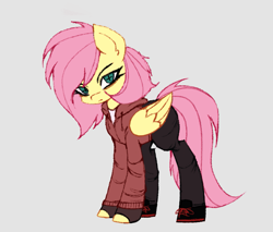 Size: 1307x1111 | Tagged: safe, artist:menalia, fluttershy, pegasus, pony, g4, alternate design, alternate hairstyle, alternate universe, beige background, clothes, female, fingerless gloves, folded wings, gloves, hoodie, hoof shoes, looking at you, mare, pants, shirt, shoes, short mane, simple background, sneakers, solo, standing, t-shirt, three quarter view, wings