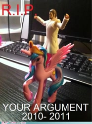 Size: 500x673 | Tagged: safe, princess celestia, alicorn, pony, g4, artifact, computer, desk, female, irl, jesus christ, keyboard, male, meme, merchandise, my little brony, photo, riding, riding a pony, text, toy, watermark, your argument is invalid