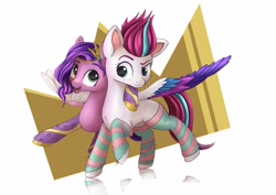 Size: 3508x2480 | Tagged: safe, artist:playful wings, pipp petals, zipp storm, pegasus, pony, g5, circlet, clothes, colored wings, duo, duo female, female, high res, hug, leg warmers, looking at someone, mare, multicolored wings, one wing out, open mouth, open smile, raised eyebrow, raised hoof, raised leg, royal sisters (g5), siblings, sisters, smiling, socks, spread wings, stockings, thigh highs, wings
