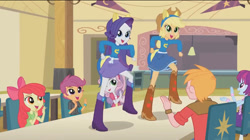 Size: 750x421 | Tagged: safe, screencap, apple bloom, applejack, big macintosh, mystery mint, rarity, scootaloo, sweetie belle, human, equestria girls, g4, my little pony equestria girls, boots, clothes, cowboy boots, cowboy hat, cutie mark crusaders, hat, helping twilight win the crown, high heel boots, school spirit, shirt, shoes, skirt, sweater