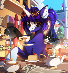 Size: 2400x2556 | Tagged: safe, artist:redchetgreen, oc, oc only, cat, pony, unicorn, beautiful, cake, cake slice, cup, cute, food, high res, newspaper, ocbetes, solo, spoon, teacup, teapot