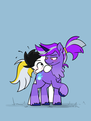 Size: 2278x3037 | Tagged: safe, artist:vipy, oc, oc:vipy, earth pony, pony, unicorn, biting, blushing, butt bite, chomp, duo, high res, looking at each other, looking at someone, simple background