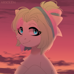 Size: 2000x2000 | Tagged: safe, artist:arsolem, oc, oc only, earth pony, pony, cloud, colored, evening, female, flat colors, high res, sky, solo, sunset