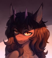 Size: 1920x2160 | Tagged: safe, artist:miurimau, oc, oc only, hybrid, pony, bust, commission, ear fluff, eyebrows, horn, horns, light, looking at you, multiple horns, portrait, slit pupils, solo, stripes