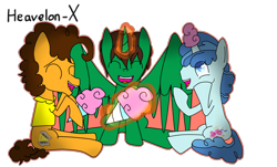 Size: 2000x1210 | Tagged: safe, artist:heavelon-x, cheese sandwich, party favor, oc, oc:frost d. tart, alicorn, earth pony, pony, unicorn, g4, alicorn oc, cotton candy, horn, magic, male, simple background, stallion, transparent background, wings