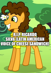 Size: 500x705 | Tagged: safe, edit, edited screencap, screencap, cheese sandwich, earth pony, pony, g4, in memoriam, latin american, rest in peace, ricardo silva, text, voice actor, voice actors, white text