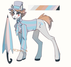 Size: 1700x1600 | Tagged: safe, artist:pryanech, oc, oc only, pony, unicorn, adoptable, clothes, hat, necktie, reference sheet, simple background, solo, umbrella, white background