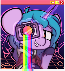 Size: 2300x2500 | Tagged: safe, artist:ronin20181, izzy moonbow, pony, unicorn, g5, camera, clothes, high res, hoodie, rainbow, solo, synthwave