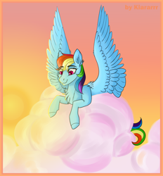 Size: 1300x1400 | Tagged: safe, artist:kiararrr, rainbow dash, pegasus, pony, g4, cloud, looking down, on a cloud, smiling, solo, sun, sunset