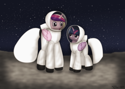 Size: 2374x1704 | Tagged: safe, artist:99999999000, princess cadance, twilight sparkle, alicorn, pony, g4, astronaut, duo, duo female, female, folded wings, mare, moon, requested art, space, spacesuit, twilight sparkle (alicorn), wings