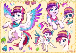 Size: 2048x1441 | Tagged: safe, artist:千雲九枭, zipp storm, pegasus, pony, g5, my little pony: make your mark, my little pony: make your mark chapter 3, winter wishday, spoiler:g5, spoiler:winter wishday, abstract background, adjusting glasses, adorazipp, bag, blushing, chest fluff, clothes, cute, female, flying, folded wings, glasses, hat, looking at you, mare, open mouth, open smile, raised hoof, raised leg, scarf, smiling, solo, spread wings, sunglasses, three quarter view, unshorn fetlocks, wings, winter hat, winter outfit
