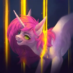 Size: 2160x2160 | Tagged: safe, artist:miurimau, oc, oc only, oc:bubblegum kiss, pony, unicorn, bust, female, gold, heterochromia, high res, horn, imminent decapitation, insanity, light, mare, open mouth, shrunken pupils, simple background, smiling, solo, unicorn oc