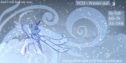 Size: 5000x2500 | Tagged: safe, artist:stesha, oc, pony, advertisement, any gender, any race, clothes, commission, crescent moon, full body, looking up, moon, mountain, scarf, sky background, smiling, snow, snowfall, solo, stars, text, wind, winter, your character here