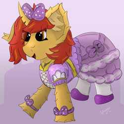 Size: 3000x3000 | Tagged: safe, artist:spiroudada, oc, oc only, oc:knight hollow, pony, unicorn, bow, clothes, crossdressing, cute, dress, falling, high res, jumping, male, purple, ribbon, shoes, simple background, sissy, skirt, smiling, solo, stallion