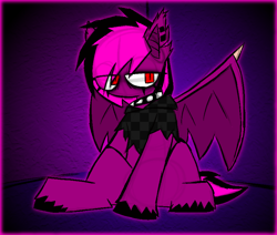 Size: 1664x1412 | Tagged: safe, artist:xxv4mp_g4z3rxx, oc, oc:violet valium, bat pony, clothes, ear piercing, emo, female, hoodie, mare, piercing, red eyes, sitting, solo