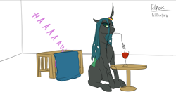Size: 1278x721 | Tagged: safe, artist:felfox, princess flurry heart, queen chrysalis, alicorn, changeling, changeling queen, pony, g4, alcohol, auntie chrissy, crazy straw, crib, crying, drinking, drinking straw, duo, female, foal, glass, horn, horn ring, lidded eyes, ring, simple background, sitting, table, unamused, white background, wine, wine glass