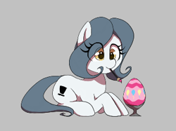 Size: 344x257 | Tagged: safe, artist:thebatfang, oc, oc only, oc:hattsy, earth pony, pony, aggie.io, easter, easter egg, egg, eye clipping through hair, female, holiday, implied pinkie pie, lying down, mare, mouth hold, paintbrush, painting, ponerpics import, prone, simple background, smiling, solo