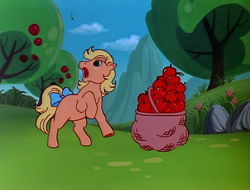 Size: 632x480 | Tagged: safe, screencap, applejack (g1), earth pony, pony, g1, my little pony 'n friends, rescue at midnight castle, apple, apple basket, bow, female, food, mare, open mouth, solo, tail, tail bow