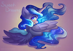 Size: 1389x982 | Tagged: safe, artist:chaosangeldesu, princess luna, alicorn, pony, g4, blushing, cute, looking at you, pillow, smiling, smiling at you, solo, wings