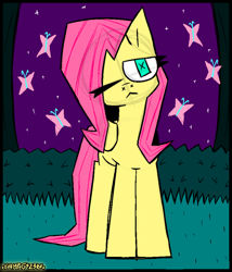Size: 1586x1856 | Tagged: safe, artist:xxv4mp_g4z3rxx, fluttershy, butterfly, pegasus, pony, g4, blue eyes, bush, grass, looking at you, night, one eye closed, pink mane, solo, stars, tree, yellow coat