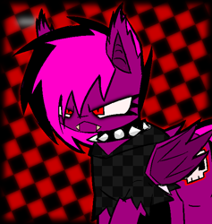 Size: 1164x1226 | Tagged: safe, artist:xxv4mp_g4z3rxx, oc, oc only, oc:violet valium, bat pony, angry, bat pony oc, clothes, collar, fangs, folded wings, hoodie, purple coat, red eyes, solo, spiked collar, two toned mane, wings