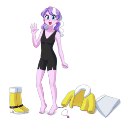 Size: 800x800 | Tagged: safe, artist:riouku, diamond tiara, human, equestria girls, g4, barefoot, boots, breasts, clothes, cute, diamondbetes, feet, female, jacket, jewelry, looking at you, necklace, open mouth, open smile, shoes, simple background, skirt, smiling, smiling at you, solo, swimsuit, waving at you, white background