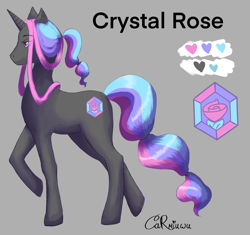 Size: 2841x2675 | Tagged: safe, artist:carmiuwu, oc, oc only, oc:crystal rose, pony, unicorn, cutie mark, design, high res, horn, multicolored hair, palette, pastel hair, rainbow hair, reference sheet, signature, simple background, solo, wavy hair
