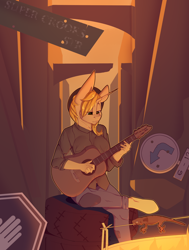 Size: 2800x3700 | Tagged: safe, artist:chapaevv, oc, oc only, oc:sunrise, anthro, fallout equestria, barrel, campfire, clothes, commission, evening, fallout, female, food, guitar, high res, musical instrument, outdoors, ruins, sitting, solo, stop sign, street