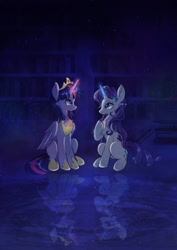 Size: 1448x2048 | Tagged: safe, artist:younineze, rarity, twilight sparkle, alicorn, pony, unicorn, fanfic:the enchanted library, blue background, chest fluff, crown, duo, duo female, fanfic art, female, folded wings, glowing, glowing horn, horn, jewelry, lesbian, library, raised hoof, rarilight, reflection, regalia, shipping, simple background, sparkles, twilight sparkle (alicorn), wings