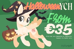 Size: 2048x1378 | Tagged: safe, artist:pastacrylic, oc, oc only, bat, pony, chest fluff, green background, halloween, hat, holiday, jack-o-lantern, pumpkin, simple background, solo, witch hat, ych example, your character here