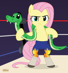 Size: 2000x2147 | Tagged: safe, artist:kuren247, antoine, fluttershy, pegasus, pony, snake, g4, bipedal, clothes, crossover, female, high res, pro wrestling, show accurate, solo, sports, stare, tights, wrestling, wrestling ring, wwe