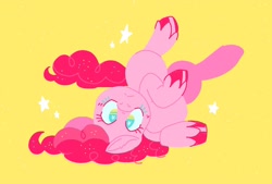Size: 2048x1382 | Tagged: safe, artist:pastacrylic, pinkie pie, earth pony, pony, g4, colored hooves, female, looking at you, lying down, mare, on back, rolling, simple background, solo, upside down, yellow background