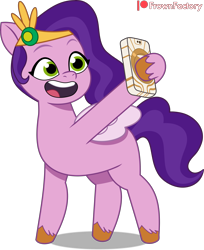 Size: 3485x4275 | Tagged: safe, artist:frownfactory, pipp petals, pegasus, pony, g5, my little pony: tell your tale, adorapipp, cellphone, cute, female, happy, jewelry, mare, open mouth, open smile, phone, selfie, simple background, smartphone, smiling, solo, tiara, transparent background, vector, wings