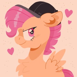 Size: 2048x2048 | Tagged: safe, artist:pastacrylic, scootaloo, pegasus, pony, g4, abstract background, baseball cap, cap, chest fluff, ear fluff, female, filly, foal, hat, high res, solo, spread wings, wings