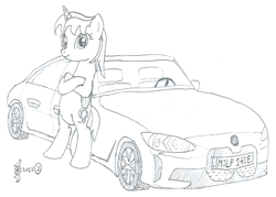 Size: 1894x1359 | Tagged: safe, artist:parclytaxel, oc, oc only, oc:parcly taxel, alicorn, pony, ain't never had friends like us, albumin flask, alicorn oc, bipedal, bipedal leaning, bmw, bmw i4, car, crossed hooves, electric car, female, germany, horn, leaning, lineart, looking at you, mare, monochrome, munich, parcly taxel in europe, pencil drawing, smiling, solo, story included, traditional art, wings