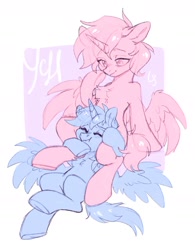 Size: 1668x2139 | Tagged: safe, artist:ls_skylight, oc, alicorn, earth pony, pegasus, pony, unicorn, between legs, chest fluff, commission, sitting, snuggling, underhoof, wings, ych example, ych sketch, your character here