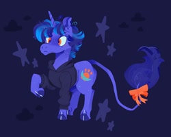 Size: 2048x1638 | Tagged: safe, artist:pastacrylic, oc, oc only, oc:eclipse nightfall, pony, unicorn, bow, clothes, cloven hooves, hoodie, leonine tail, solo, stars, tail, tail bow