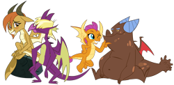 Size: 6830x3340 | Tagged: safe, artist:cheezedoodle96, artist:frownfactory, artist:qtmarx, artist:thesharp0ne, edit, vector edit, clump, ocellus, smolder, spear (g4), changedling, changeling, dragon, dragon quest, g4, she's all yak, .ai available, .svg available, absurd resolution, bhm, blushing, chaos is magic, crack shipping, cute, diaocelles, disguise, disguised changeling, double date, dragon ocellus, dragoness, duo, fat, female, flying, fumcellus, hair over eyes, hand on knee, hand on leg, looking at you, male, one eye closed, prehensile tail, rock, shipping, shy, simple background, sitting, smiling, smolderbetes, smolump, spread wings, straight, tail, tail hold, teenaged dragon, transparent background, vector, wings