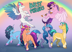 Size: 1400x1006 | Tagged: safe, artist:sunny way, hitch trailblazer, izzy moonbow, misty brightdawn, pipp petals, sunny starscout, zipp storm, earth pony, pegasus, pony, unicorn, g5, my little pony: a new generation, spoiler:g5, adorapipp, adorazipp, cute, female, group, horn, male, mane five, mane six (g5), mane stripe sunny, mare, mistybetes, nudity, rainbow, royal sisters (g5), sheath, siblings, sisters, slender, smiling, stallion, sternocleidomastoid, text, thin, wings