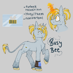 Size: 1000x1000 | Tagged: safe, artist:molars, oc, oc only, oc:busy bee, pony, unicorn, fallout equestria, doodle, magic, nonbinary, pipbuck, reference sheet, solo
