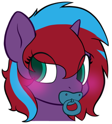 Size: 452x500 | Tagged: safe, artist:binkyroom, oc, oc:charming dazz, pony, unicorn, abdl, blushing, looking away, pacifier, patreon, patreon reward, simple background, solo, sticker, transparent background