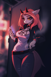 Size: 2618x3934 | Tagged: safe, artist:vincher, oc, oc only, oc:bubblegum kiss, anthro, belt, breasts, cellphone, cigarette, clothes, female, high res, horns, jacket, phone, solo