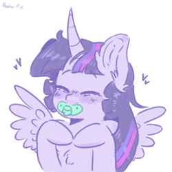 Size: 1000x1000 | Tagged: safe, artist:ponka-pie, derpibooru exclusive, twilight sparkle, alicorn, pony, g4, adult foal, blushing, chest fluff, cute, ear fluff, eyes closed, female, happy, heart, pacifier, simple background, solo, twiabetes, twilight sparkle (alicorn)