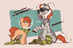 Size: 2025x1340 | Tagged: safe, artist:rexyseven, oc, oc only, oc:mama gears, oc:rusty gears, earth pony, pony, zebra, clothes, duo, female, filly, foal, freckles, mother and child, mother and daughter, scarf, simple background, sitting, socks, striped scarf, striped socks, talking, text