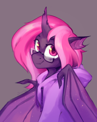 Size: 1556x1944 | Tagged: safe, artist:jewellier, oc, oc only, oc:sithilis, bat pony, changeling, hybrid, bat pony oc, bat wings, bust, changeling oc, clothes, glasses, gray background, hoodie, horn, looking at you, portrait, requested art, simple background, solo, sparkles, wings