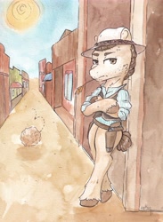 Size: 4610x6283 | Tagged: safe, artist:lightisanasshole, oc, oc only, pegasus, pony, bipedal, city, clothes, complex background, cowboy, cowboy hat, desert, gun, hat, looking at you, male, red dead redemption, sheriff, shirt, stallion, sun, traditional art, unimpressed, watercolor painting, weapon, wild west